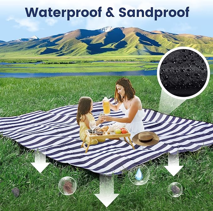 sapsisel 80”x 80” Picnic Blanket Extra Large, Waterproof and Foldable Beach Blanket, 3-Layer Outdoor Blanket for 6 to 8 Adults, for Camping, Park, Beach, Grass, Indoors…