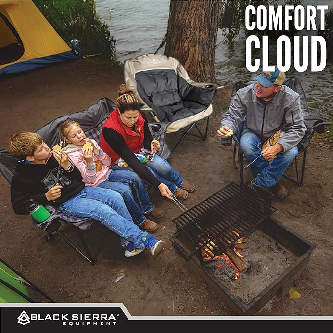 Black Sierra Oversized Camping Chair for Adults, Heavy Duty Outdoor Seat with Plush Padding, Supports 400lbs, Cup Holders & Carry Bag, Comfortable Folding Chair for Tailgating, Patio & Sideline Events