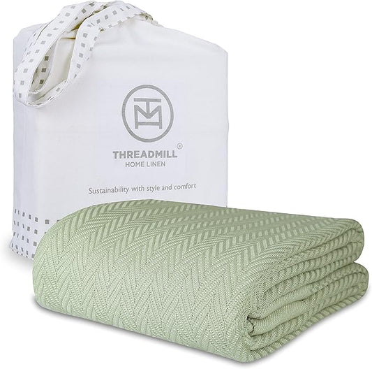 Threadmill Luxury Cotton Blankets for Twin Size Bed | All-Season 100% Cotton Twin Blanket for Bed | Herringbone Soft & Cozy Fall Thermal Blanket, 350GSM, 68x92 inches | Sage Green