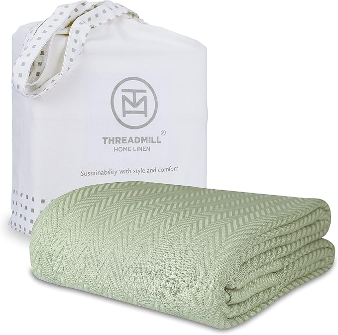 Threadmill Luxury Cotton King Size Blanket | All-Season Cozy Cotton Blankets for King Size Bed | Herringbone Soft Fall Thermal Blanket fits California King Size Bed 106 x 92 | Sage Green