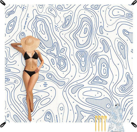 110''×118'' Oversized Beach Blanket for 4-8 Adults, White Waterproof Sandproof Picnic Blanket, Lightweight Foldable Sand Free Outdoor Mat w/ 4 Stakes & Portable Carry Bag for Travel, Camping, Hiking