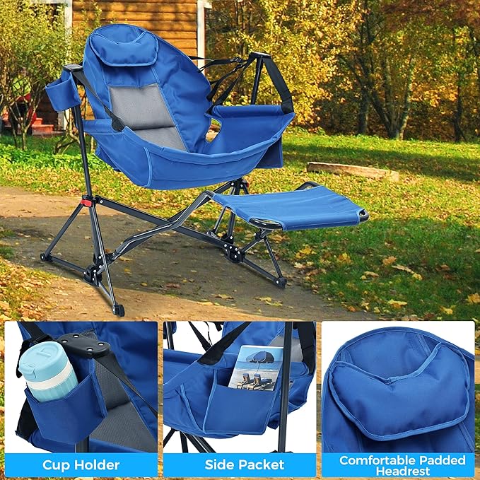 Ainfox Hammock Camping Chair with Footrest, Foldable Portable Rocking Chairs for Adults Outside Swinging Camp with Cup Holder Pillow for Outdoor Patio Poolside (Blue)