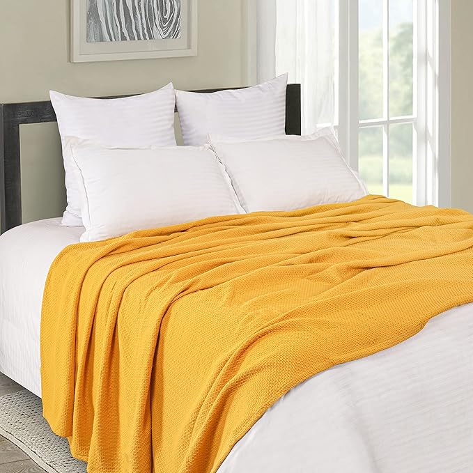 BOUTIQUO 100% Cotton Bed Blanket, Breathable Thermal King Size, Soft Honeycomb Waffle Blanket 90"x102", Perfect for Layering Any Bed for All Season, Mustard Yellow