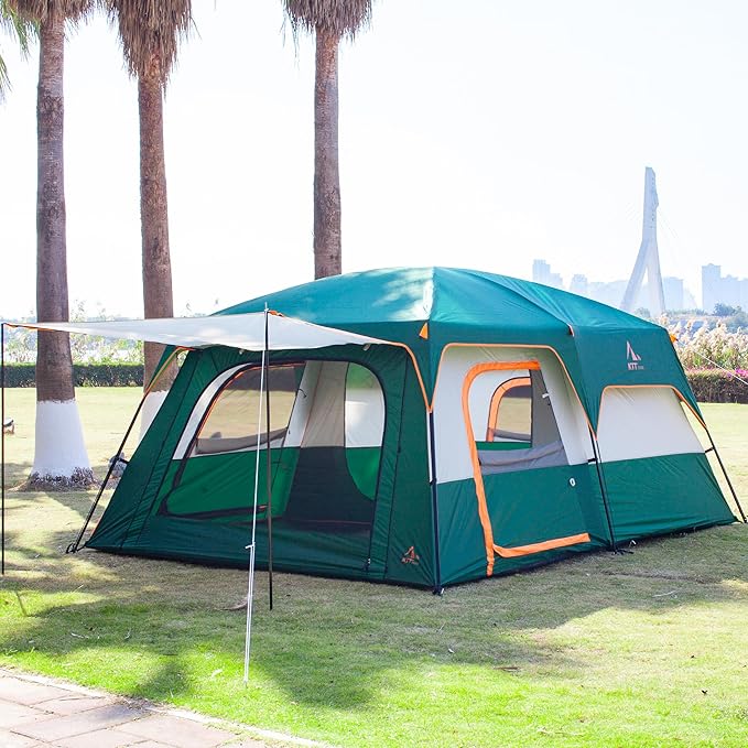 KTT Extra Large Tent 6-10-12-14 Person(Style-B),Family Cabin Tents,2 Rooms,3 Doors and 3 Windows with Mesh,Straight Wall,Waterproof,Double Layer,Big Tent for Outdoor,Picnic,Camping,Family Gathering