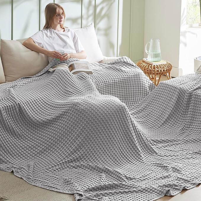 Bedsure Cooling Cotton Waffle Oversized King Blanket - Lightweight Breathable Blankets Rayon Derived from Bamboo for Hot Sleepers, Luxury Throws for Bed and Sofa, Grey, 120x96 Inches