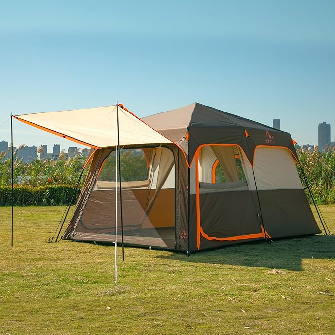 KTT Extra Large Tent 6-10-12-14 Person(Style-B),Family Cabin Tents,2 Rooms,3 Doors and 3 Windows with Mesh,Straight Wall,Waterproof,Double Layer,Big Tent for Outdoor,Picnic,Camping,Family Gathering