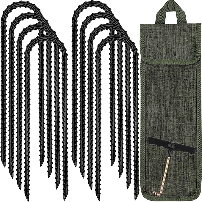 RIY Trampoline Stakes Anchors High Wind 12'' Ground Anchor Heavy Duty Tent Stakes Swing Set Anchors Trampoline Accessories with T Hook - Black 12pcs