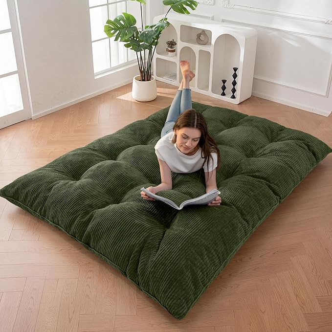 MAXYOYO 6" Japanese Floor Mattress, Foldable Futon Mattress Full Size, Tufted Roll Up Floor Bed, Thick Tatami Mat Sleeping Pad Portable Lounger for Camping Guest Room Dormitory Bedroom RV, Dark Green