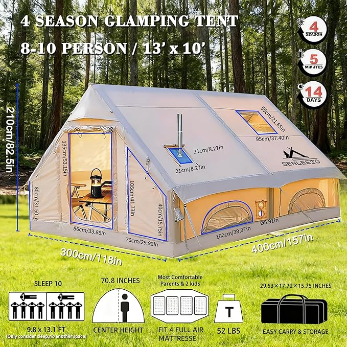 Inflatable Tents for Camping, Large Inflatable Camping Tent with Hand Pump, Easy Setup Tents for 2/4/6/8/10/12 People, Portable Glamping Tent