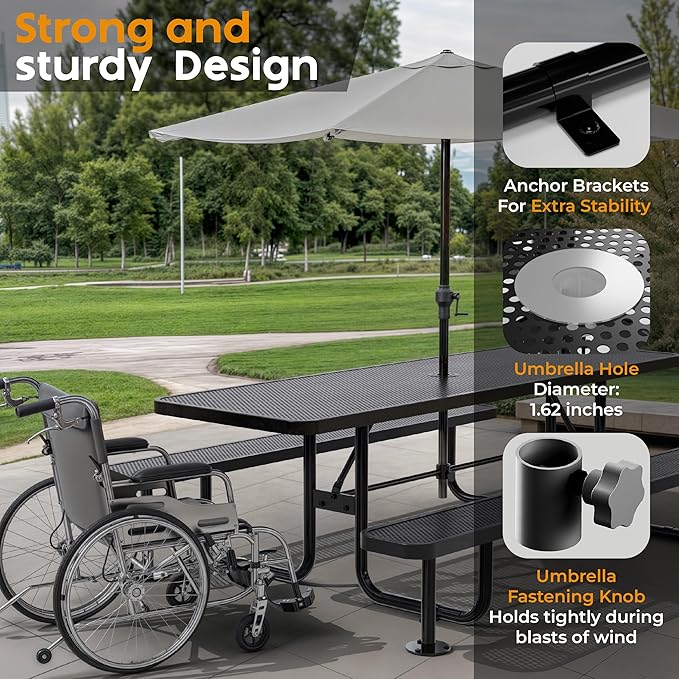 Metal Picnic Furniture for Outdoors with Umbrella Hole - Coated Steel Heavy Duty Commercial Grade Table with Adjustable Seats, Patio Set for a Lifetime (Black, 8' Rectangular, Punched Steel)