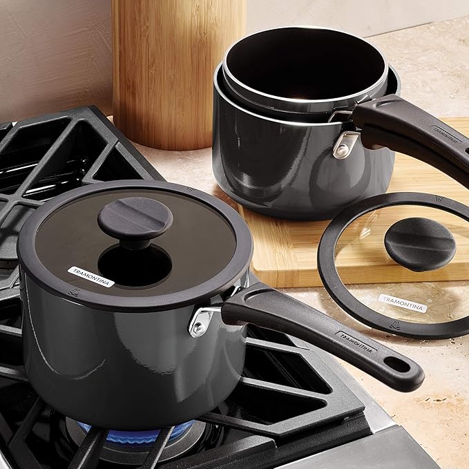 Tramontina Aluminum Non Stick 6-Piece Nesting Sauce Pan Set with Lids - Gray, Kitchen Nonstick Cookware Set, Dishwasher and Oven Safe