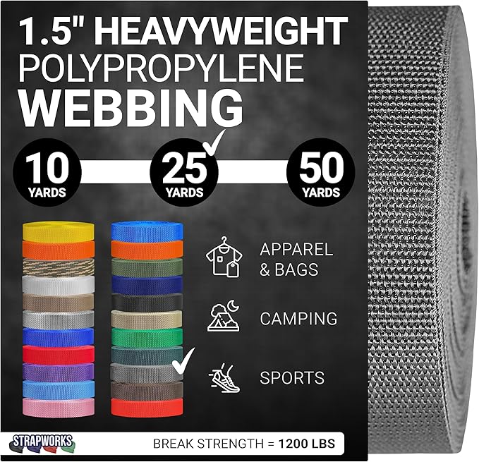 Strapworks Heavyweight Polypropylene Webbing - Heavy Duty Poly Strapping for Outdoor DIY Gear Repair, 1.5 Inches