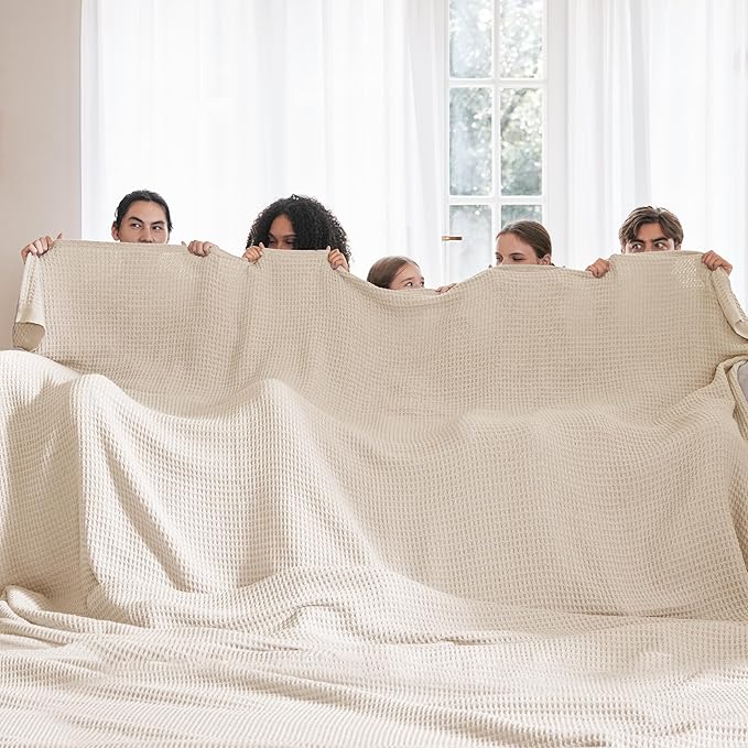 Bedsure Gentlesoft 100% Cotton Large Blanket Oversized King for Bed - Breathable Thick Waffle Weave Blanket for Summer, Couch Cover, Khaki (a Little Bit Yellow), 120x94 inches