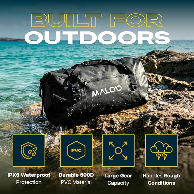 Malo’o Waterproof Dry Duffel, Heavy-Duty Roll Top Waterproof Gear Bag with Shoulder Strap & Molle Loops, Marine Duffel for Kayaking, Boating, Camping, Beach & Travel, Black, 40L