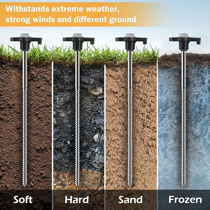 Trampoline Stakes Heavy Duty, 10 Inch 8 Pack Ground Anchor Screw in, Trampoline Earth Anchor Kit with Straps Tent Stakes High Wind Swing Set Accessories for Camping, Securing Animals, Canopy, Sheds