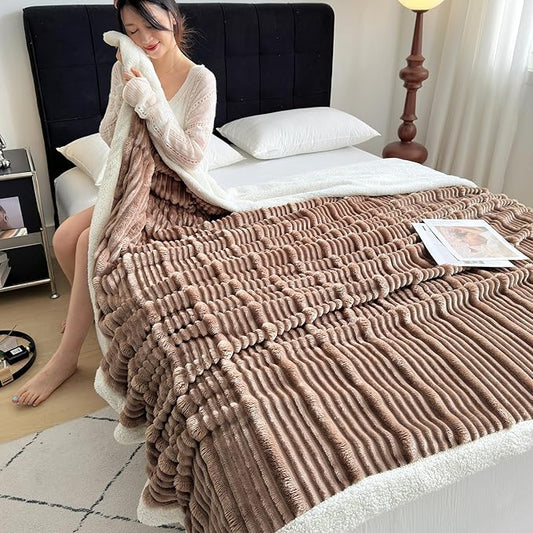 UKELER Sherpa Bed Blankets 80 × 90 inch, Ultra Soft Queen Size Throw Blanket for All Season, 470 GSM Cozy Plush Striped Fleece Blanket for Bedroom Living Room Dorm Hostel Sofa Camping, Khaki