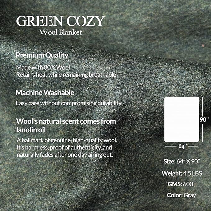 Military Style Wool Blanket – Cushioned, Breathable, Durable, Warm & Washable – Double-Stitched Border– Great for Camping, Outdoor, First Aid, Travel, Car, Fire-Resistant – 64"x90" 4.5lb (Olive Green)