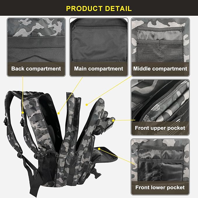 Zavothy 45L Military Tactical Backpack, Army 3-Day Assault Pack Bug Out Bag for Hiking Camping | Army, Bag, Large Rucksack, with Molle System