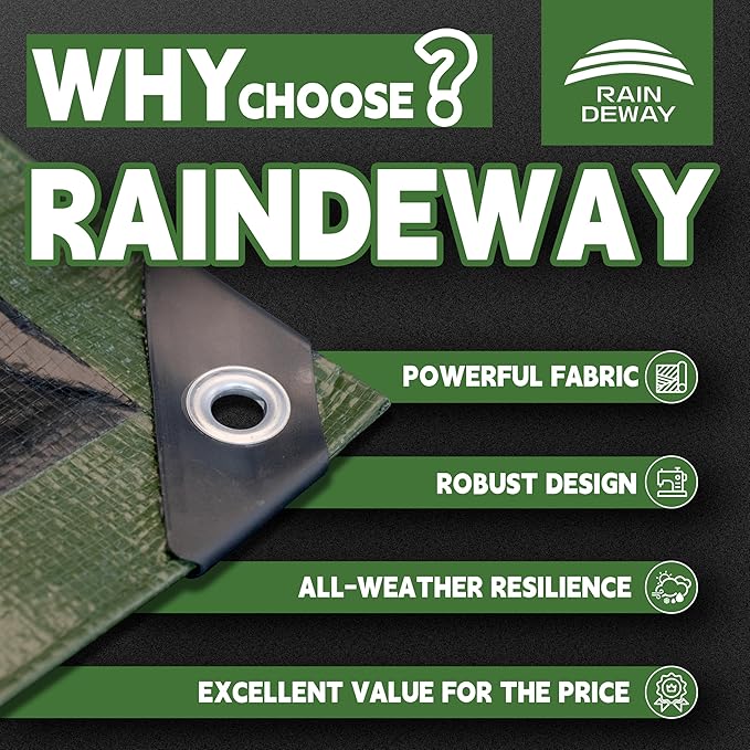 RAINDEWAY Tarps 20x30 Feet,Tarp Waterproof,9Mil Thick,Finished Size,Multipurpose Poly Tarp Cover with Metal Grommets and Reinforced Edges,Green/Black Tarpaulin
