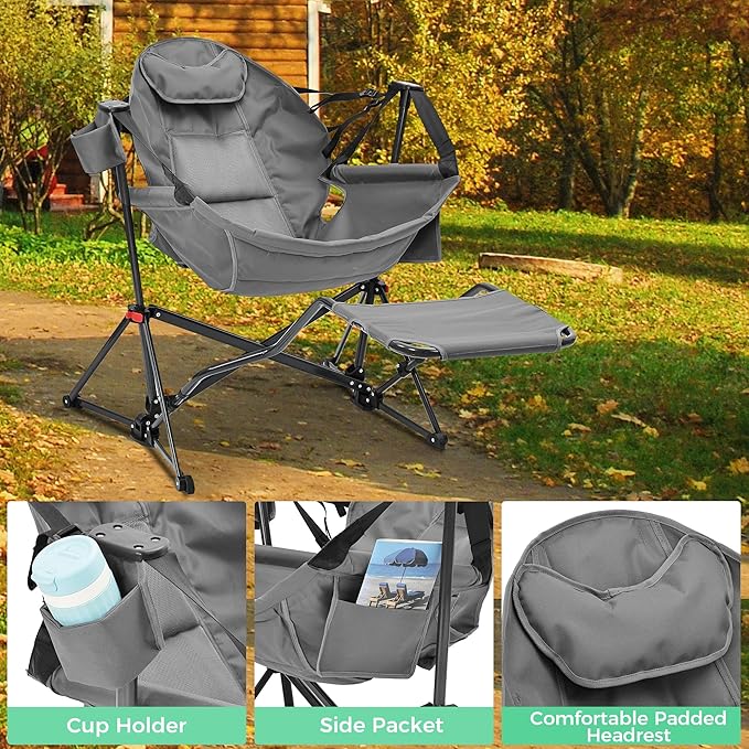 Ainfox Hammock Camping Chair with Footrest, Foldable Portable Rocking Chairs for Adults Outside Swinging Camp with Cup Holder Pillow for Outdoor Patio Poolside (Grey)