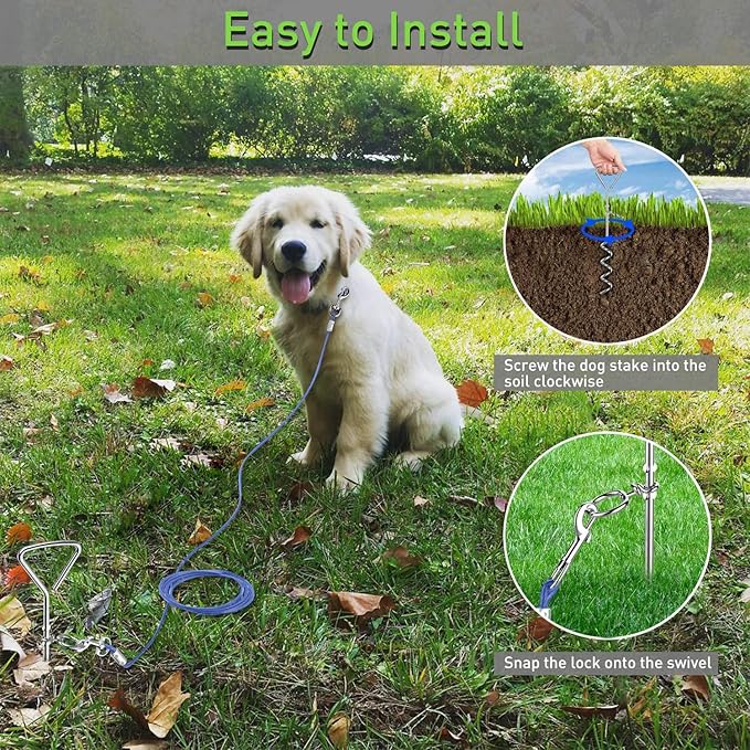 EvilplanDog Tie Out Cable and Stake, 16ft Outside Dog Leash&Chain for Camping and Yard, 16'' Heavy Duty Anti Rust Spiral Stake for Medium-Large Dogs Up to 125 lbs
