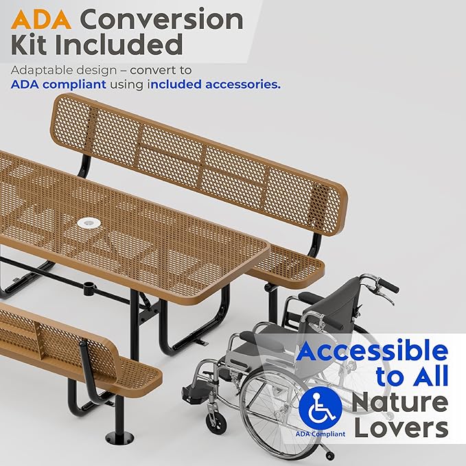 Metal Picnic Furniture for Outdoors with Umbrella Hole - Coated Steel Heavy Duty Commercial Grade Table with Adjustable Seats, Patio Set for a Lifetime (Brown, 6' Rectangular with Back)