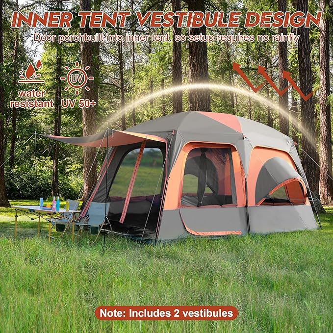 8–10-12 Person Camping Tent, 2 Room Family Tent with Zippered Divider, Porch, Rainfly, Extra Large Waterproof Cabin Tent with 3 Mesh Doors & Windows, Easy Setup 7.1 ft Tall Tent for Outdoor Camping