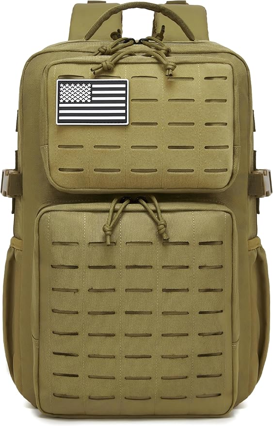 Wotony Military Tactical Backpack for Men Waterproof Daypack 3 Day Assault Pack Laser-Cut MOLLE Webbing Design with Water Bottle Holder Black Small Tactical Assault Bag (Khaki, 25L)