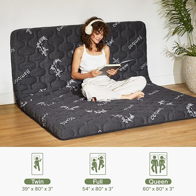 Japanese Floor Mattress Futon Mattress Queen Size Viscose Derived from Bamboo, 3" Thick Tatami Mat with High Density Foam, Foldable & Portable Floor Lounger Bed, Roll Up Sleeping Pad, Guest Room