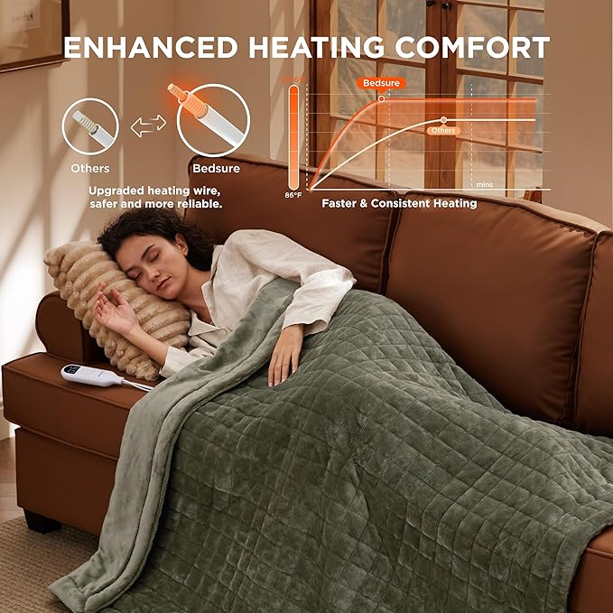 Bedsure Heated Blanket Throw Blanket - Quilted Electric Blanket, Soft Flannel Thick Heating Blanket with 4 Time Settings & 6 Heating Settings, Warm Gifts for Women Men (50x60 inches, Olive Green)