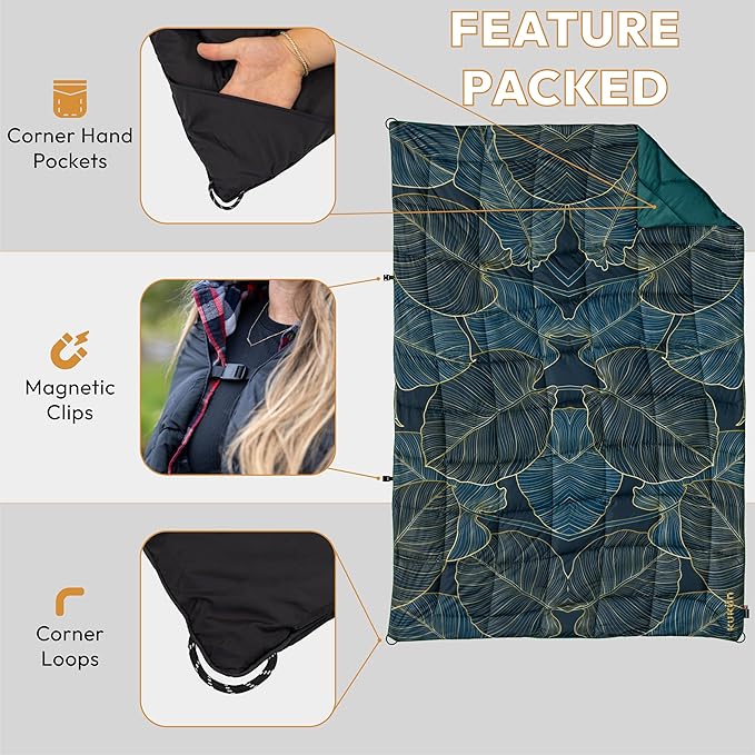 Versatile Packable Outdoor Camping Blanket, Puffy Blanket, Primaloft® Insulation, Warm, Durable, Lightweight, Waterproof, Oversize, Beach, Stadium, and More! 55"x80" (Golden Foliage)