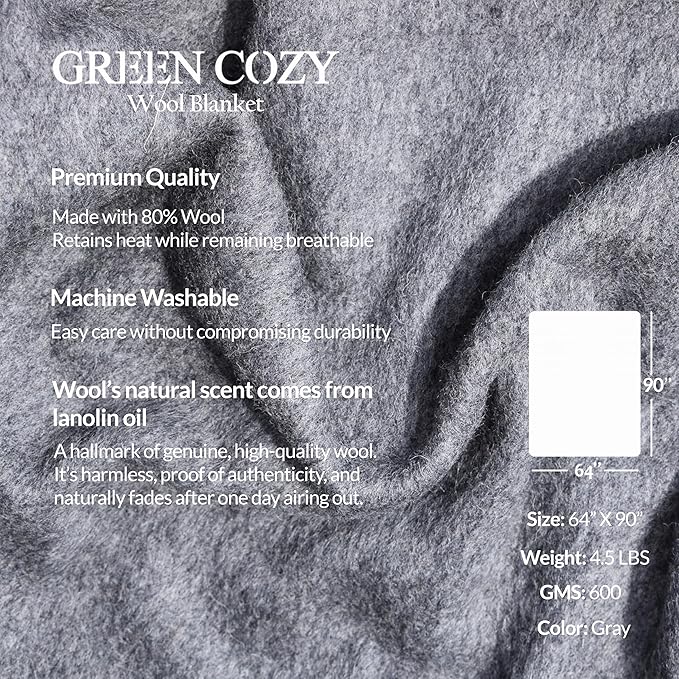 Military Style Wool Blanket – Cushioned, Breathable, Durable, Warm & Washable – Double-Stitched Border – Great for Camping, Outdoor, First Aid, Travel, Car – Fire-Resistant – 64"x90" 4.5lb (Gray)