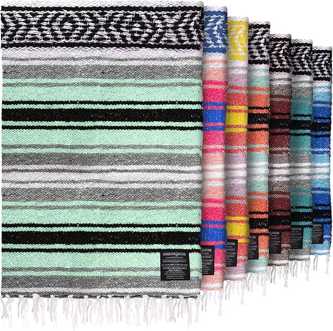 Hydration Nation Authentic Extra Large Mexican Blanket (70"x50") - Handwoven Yoga, Serape- Artisanal Falsa, Beach, Camping, Picnic, Outdoor (Aqua Green)