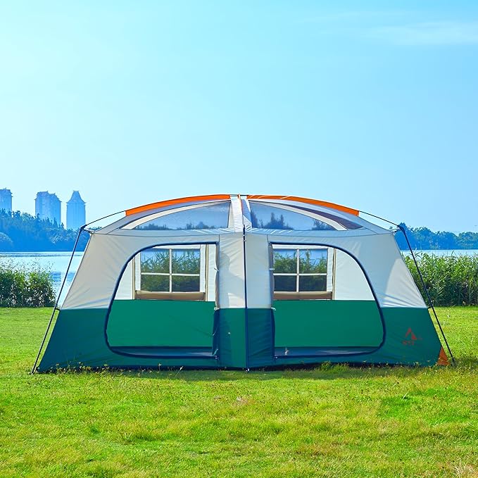 KTT Extra Large Tent 12-14 Person,Family Cabin Tents,2 Rooms,Straight Wall,2 Doors 4 Windows with Mesh,Waterproof,Straight Wall,Big Tent for Outdoor,Picnic,Camping,Gathering(Brown)