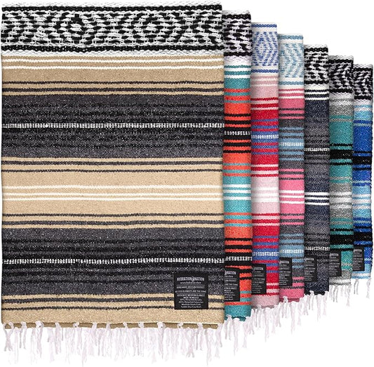 Authentic Large Handwoven Mexican Blanket - Soft Yoga Blankets - Durable Serape - Lightweight Falsa Blanket, Beach, Camping, Picnic, Equestrian Saddle, Outdoor Blankets 70"x50" - Sand