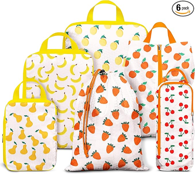 Compression Packing Cubes for Suitcases, 6 Set Cute Fruit Luggage Organizer, Lightweight Waterproof Expandable/Compression Bags Smell Proof Travel Packing Cubes for Suitcases