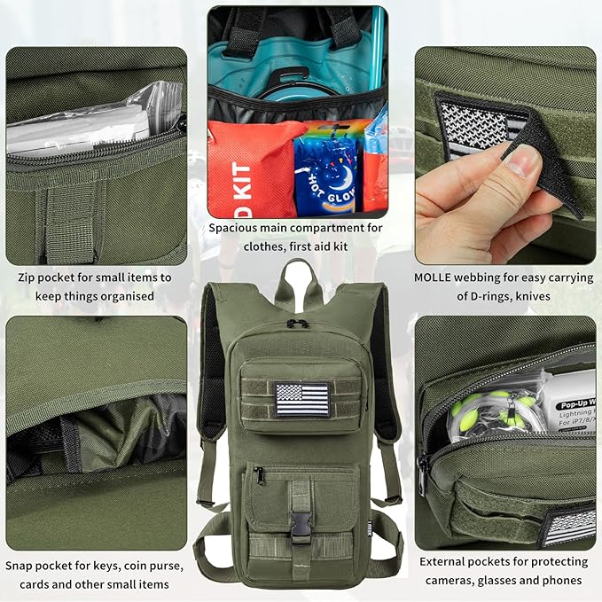 Hydration Backpack, Tactical Molle Water with 2L TPU Water Bladder, for Men Women Lightweight Water Backpack, Hydration Pack for Hiking, Biking, Climbing and Hunting, Military Green
