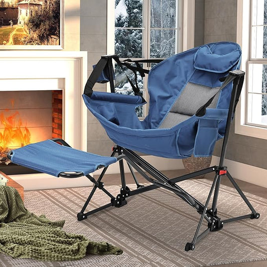 Ainfox Hammock Chair with Footrest, Oversized Swinging Portable Folding Camping Chairs for Adults Outside Swinging Camp with Cup Holder Pillow for Outdoor Patio Lawn Dark Blue