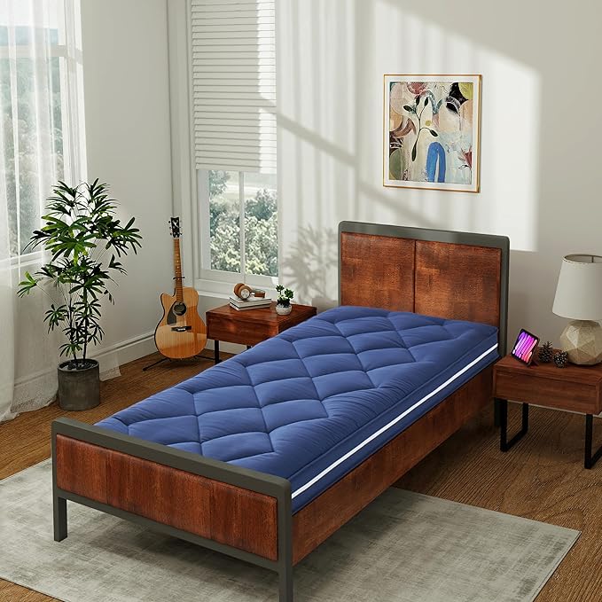 4Inch Floor Mattress,3 Layer Structure Cot Mattress Topper,Gel Memory Foam Futon Mattress,Removable Thickened Cover,Portable Roll Up Sleep Pad (Blue, 72X24)