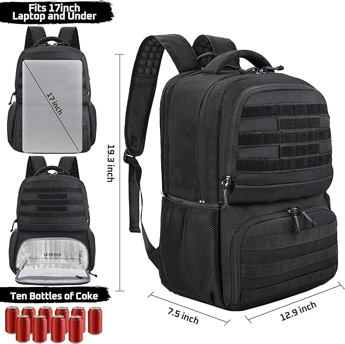 MOZETO Laptop Lunch Backpack for Men, Tactical Inspired Utility Anti-Theft Work Bag with Cooler Compartment Lunchbox (Black, 17 Inch)