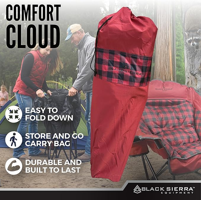 Black Sierra Plush XL Camping Chair for Adults, Oversized Outdoor Folding Chair Supports 400 lbs, Heavy Duty Padded Seat with Cup Holders and Carry Bag, Perfect for Tailgating, Sports, or Patio Use