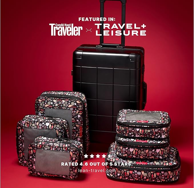 LeanTravel Premium Compression Packing Cubes for Travel - Luggage Organizers with Double Zipper - Sturdy Bags for Suitcase (6-Pack, Flowers)
