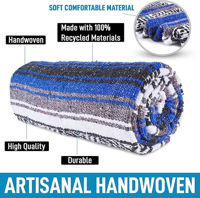 Hydration Nation Authentic Extra Large Mexican Blanket - 70"x50" Handwoven Yoga, Serape, Artisanal Falsa, Beach, Camping, Picnic, Outdoor Blanket - King Blue