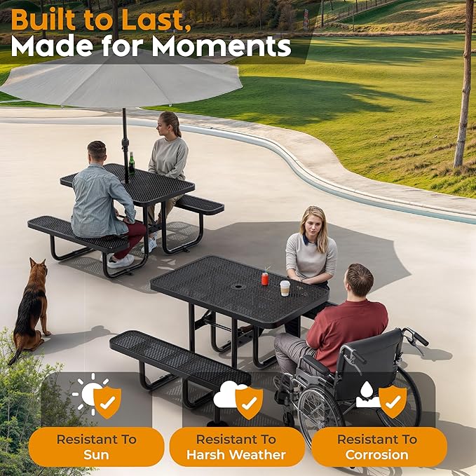 Metal Picnic Furniture for Outdoors with Umbrella Hole - Coated Steel Heavy Duty Commercial Grade Table with Adjustable Seats, Patio Set for a Lifetime (Black, 4' Rectangular)