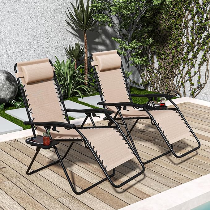 Set of 2 Adjustable Zero Gravity Lounge Chairs Outdoor Recliner w/Cup Holder Tray & Removable Pillows, Ergonomic Reclining Chair for Camping Patio Lawn Balcony (Beige-Brown)