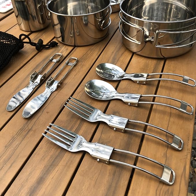 Camping Cookware Mess Kit Set 304 Stainless Steel 12-Piece Lightweight Backpacking Cooking Set Outdoor Cook Gear for Family Hiking, Picnic(Pot, Frying Pan, Bowl, Plate, Spoon, Fork)