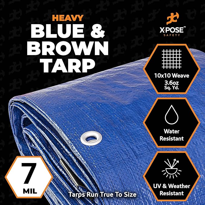 Xpose Safety 6’ x 8’ Heavy Blue/Brown Tarp - Waterproof - 7 Mil Weatherproof Camping Tarp for Tent, Rain, Wind & Sun - Plastic Tarpaulin Cover Outdoor for Roof, Trailer, RV, Car, Boat