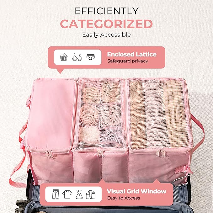GRANNY SAYS Hanging Packing Cubes for Travel, Large Portable Hanging Suitcase Organizer, Foldable Compression Luggage Organizer Bags for Clothes, Carry on Closet Suitcase, XL-Pink Travel Shelves