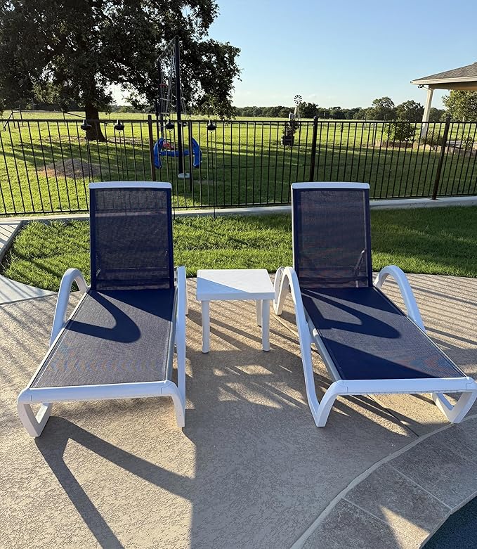 PURPLE LEAF Patio Chaise Lounge Chair Set of 3 Outside Aluminum Plastic Stackable Tanning Chairs with Armrests and Side Table for Pool Sunbathing Beach Deck Outdoor Lounger, Navy Blue