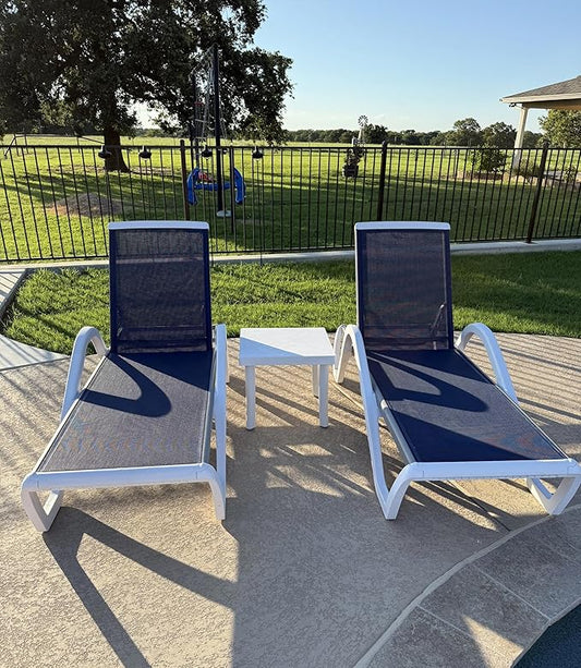 PURPLE LEAF Patio Chaise Lounge Chair Set of 3 Outside Aluminum Plastic Stackable Tanning Chairs with Armrests and Side Table for Pool Sunbathing Beach Deck Outdoor Lounger, Navy Blue